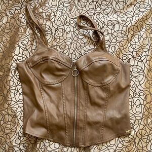 Guess Tan Faux Leather Zip Up Top